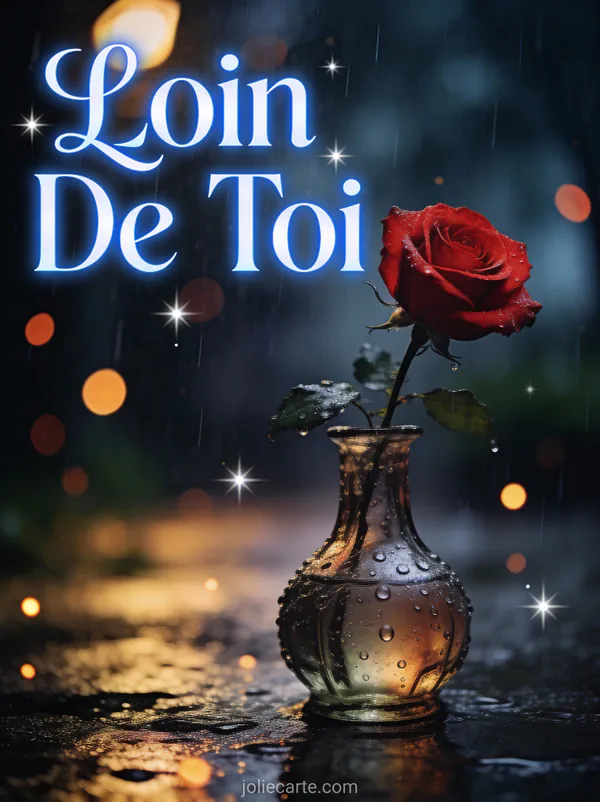 Rose rouge solitaire dans un vase vintage sous une lumière pluvieuse avec le texte Loin De Toi