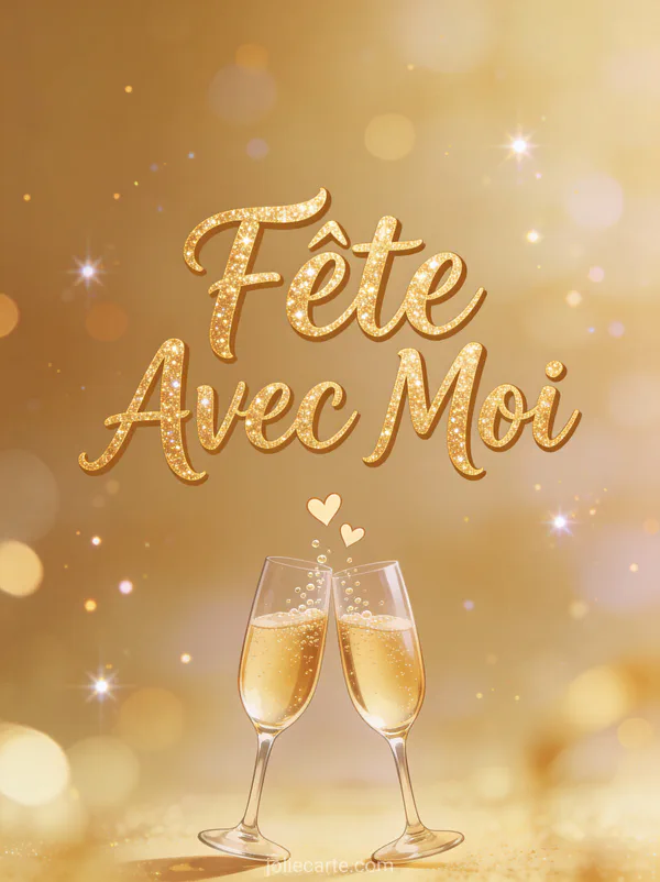 Deux coupes de champagne trinquant avec des cœurs montant des bulles avec le texte Fête Avec Moi