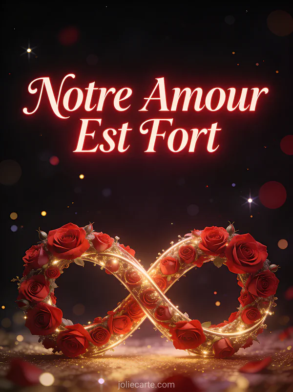 Deux symboles d'infini entrelacés faits de roses rouges et lumière dorée avec le texte Notre Amour Est Fort