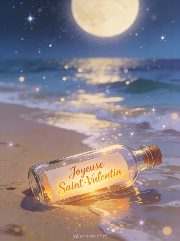 Message dans une bouteille sur une plage au clair de lune sous un ciel étoilé avec le texte Joyeuse Saint-Valentin