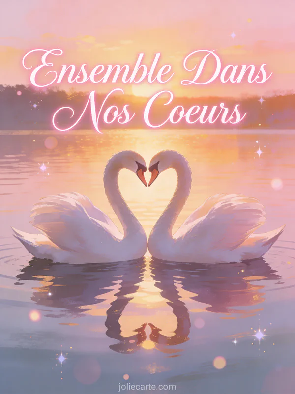 Deux cygnes formant un cœur sur un lac au coucher du soleil avec reflets dans l'eau et le texte Ensemble Dans Nos Cœurs