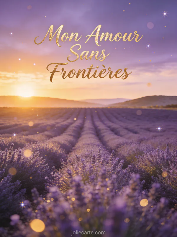 Champ de lavande s'étendant jusqu'à l'horizon sous un coucher de soleil doré avec le texte Mon Amour Sans Frontières