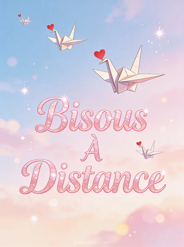 Grues en origami portant des cœurs rouges volant dans un ciel pastel avec le texte Bisous À Distance