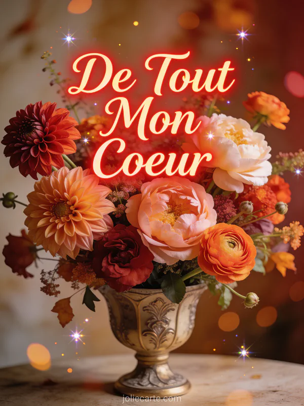 Bouquet élégant de dahlias pivoines et renoncules aux couleurs automnales dans un vase avec le texte De Tout Mon Cœur