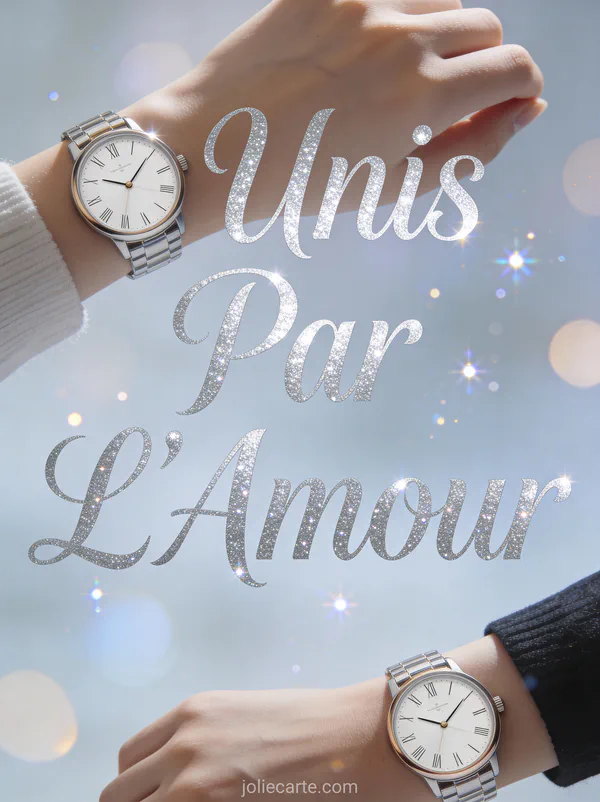 Deux montres assorties affichant la même heure symbolisant la synchronicité d'un couple à distance avec le texte Unis Par L'Amour