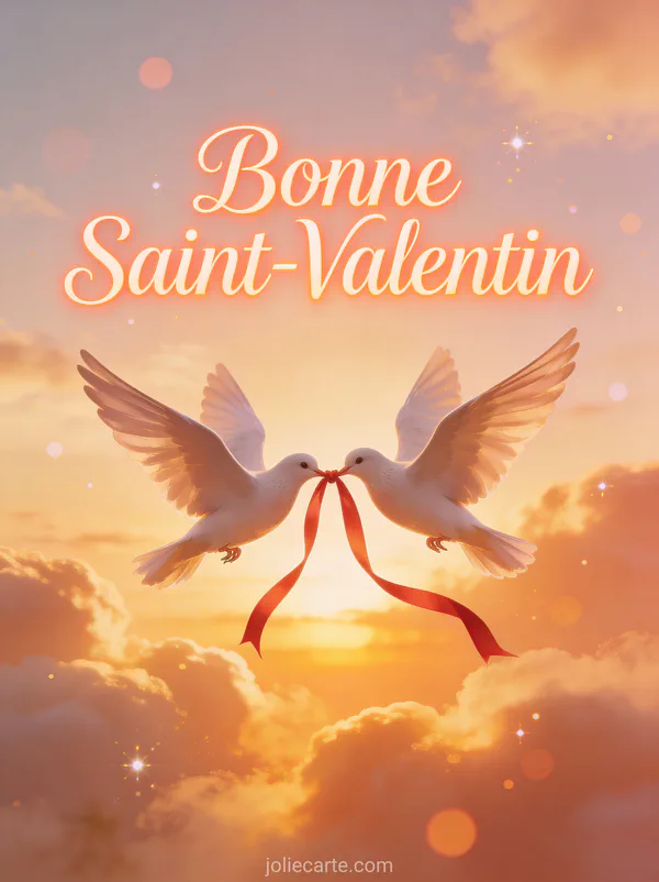 Deux colombes élégantes en vol portant un ruban rouge ensemble dans un ciel doré au coucher du soleil avec le texte Bonne Saint-Valentin