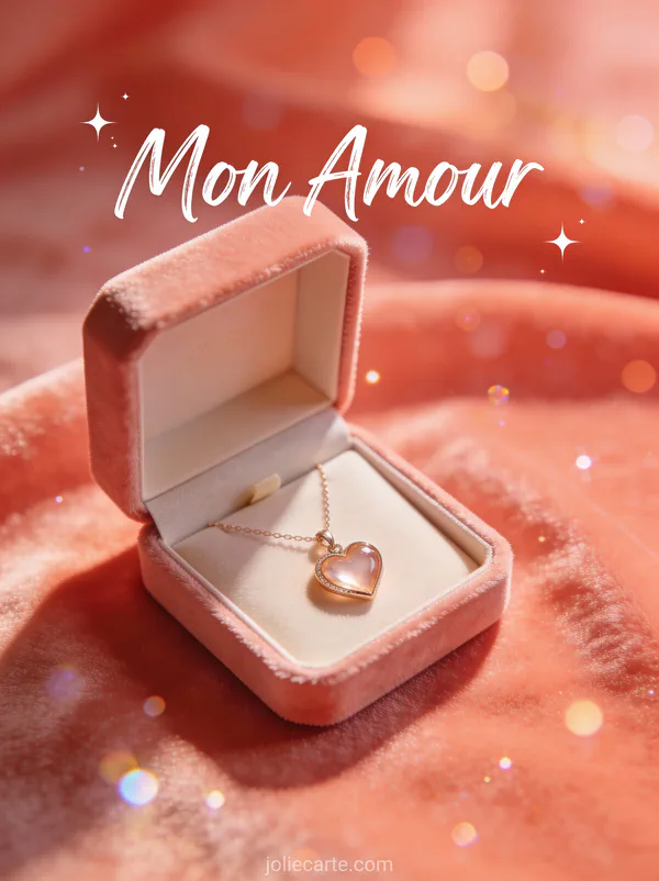 Écrin à bijoux ouvert révélant un pendentif cœur délicat sur velours avec le texte Mon Amour