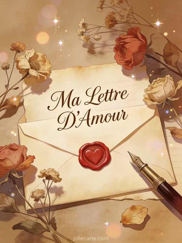 Enveloppe élégante scellée d'un cœur de cire rouge entourée de fleurs séchées et plume ancienne avec le texte Ma Lettre D'Amour