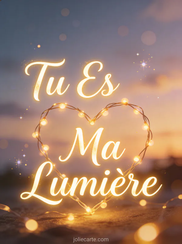 Guirlandes lumineuses chaudes formant un cœur contre un ciel crépusculaire avec le texte Tu Es Ma Lumière
