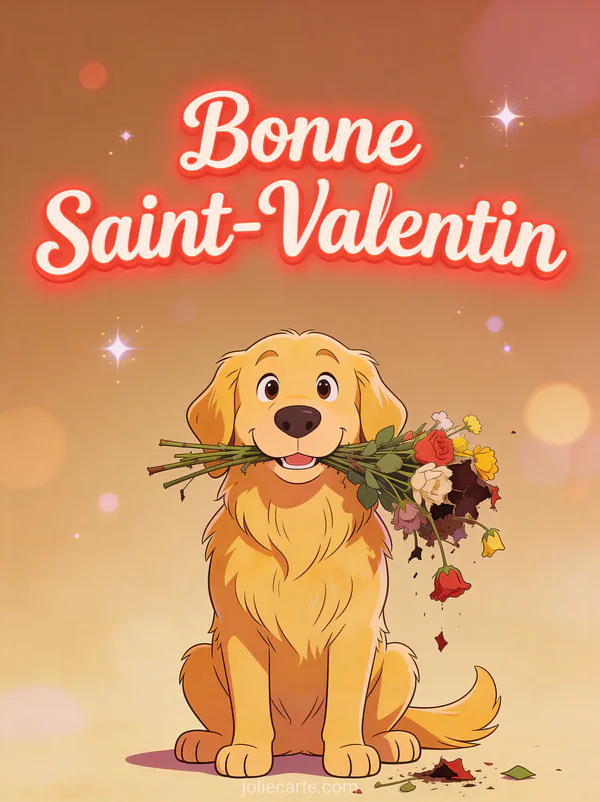 Golden retriever fier tenant un bouquet de fleurs abîmé dans sa gueule avec le texte Bonne Saint-Valentin