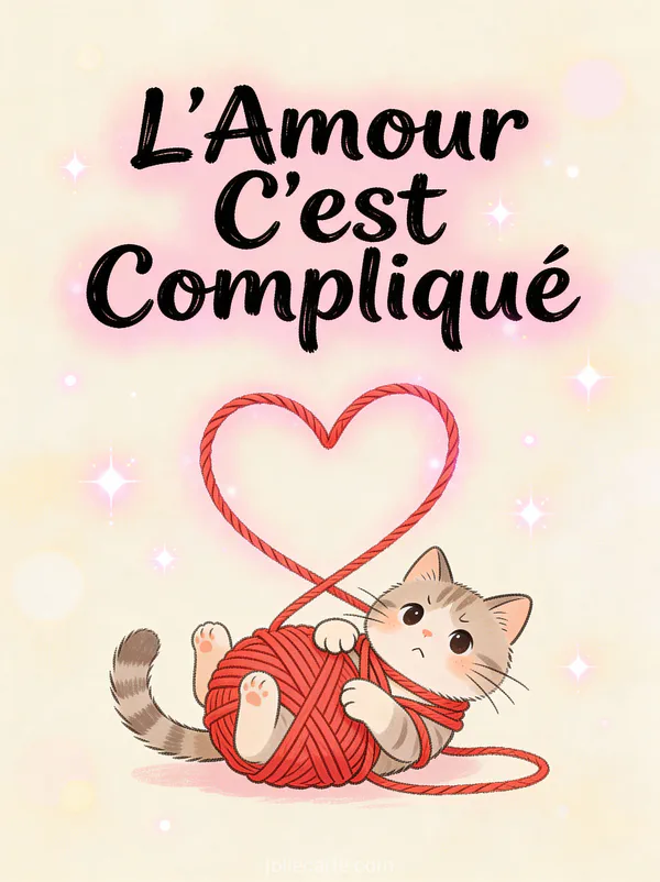 Chat adorable emmêlé dans une pelote de laine rouge en forme de cœur avec le texte L'Amour C'est Compliqué