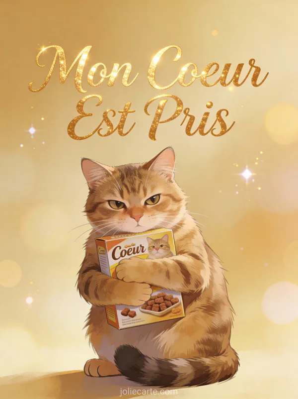 Chat au regard méfiant serrant possessivement une boîte de croquettes contre lui avec le texte Mon Cœur Est Pris