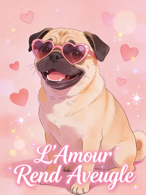 Carlin souriant portant des lunettes en forme de cœur entouré de cœurs flottants avec le texte L'Amour Rend Aveugle