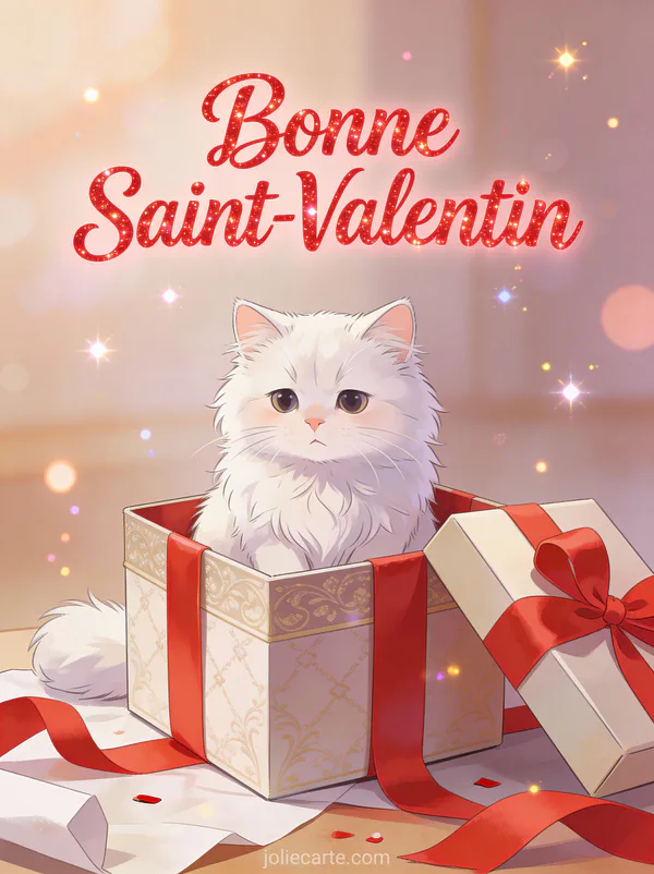 Chat blanc duveteux assis dans une boîte cadeau rouge avec du papier d'emballage éparpillé et le texte Bonne Saint-Valentin
