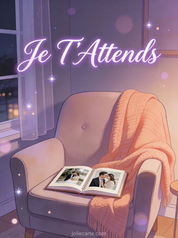 Fauteuil cosy avec plaid chaud et album photo ouvert sur des souvenirs de couple dans une lumière tamisée avec le texte Je T'Attends