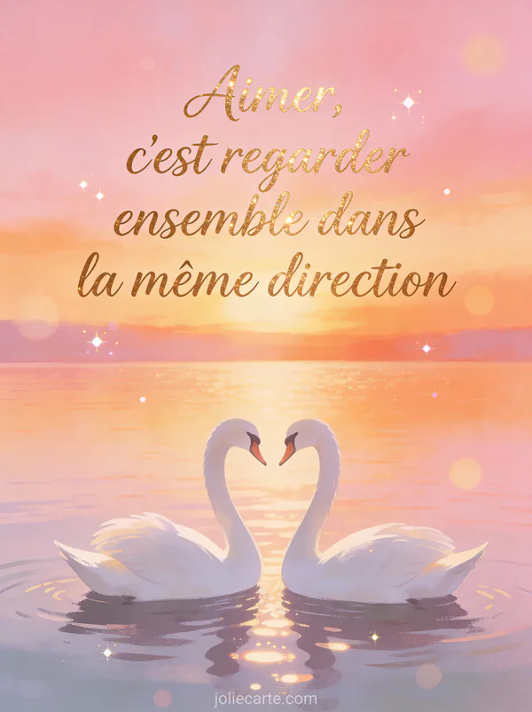 Deux cygnes blancs nageant ensemble sur un lac au coucher du soleil avec citation Aimer c'est regarder ensemble dans la même direction