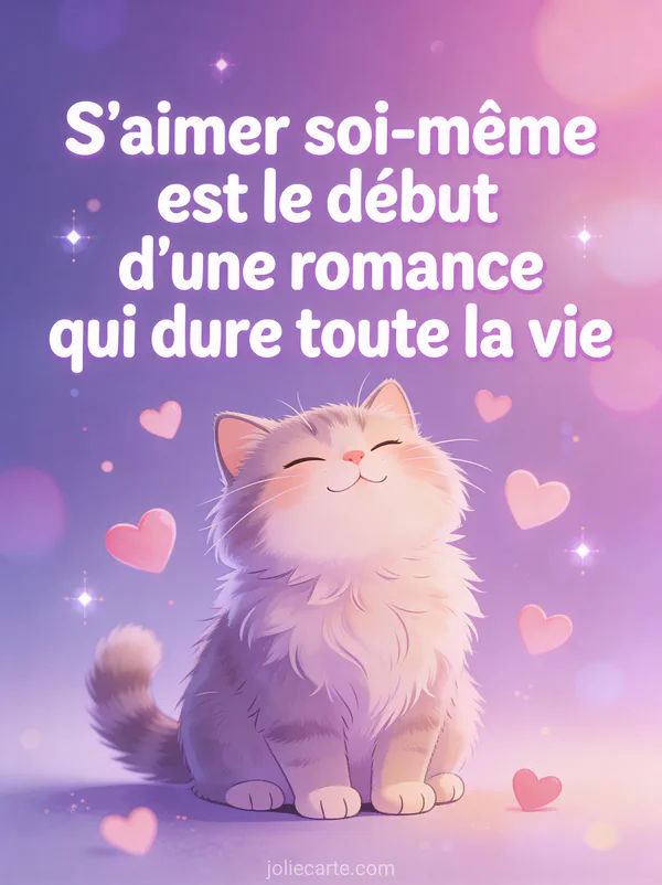 Illustration d'un chat heureux aux yeux fermés entouré de cœurs flottants avec citation S'aimer soi-même est le début d'une romance