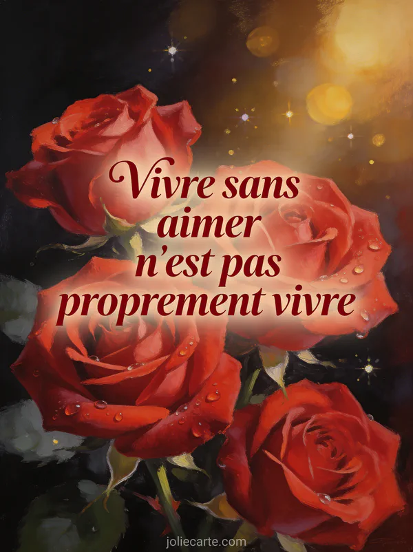 Roses rouges aux pétales veloutés avec gouttes d'eau et phrase Vivre sans aimer n'est pas proprement vivre