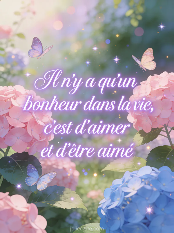 Illustration d'hortensias roses et bleus avec papillons et citation Il n'y a qu'un bonheur dans la vie c'est d'aimer et d'être aimé