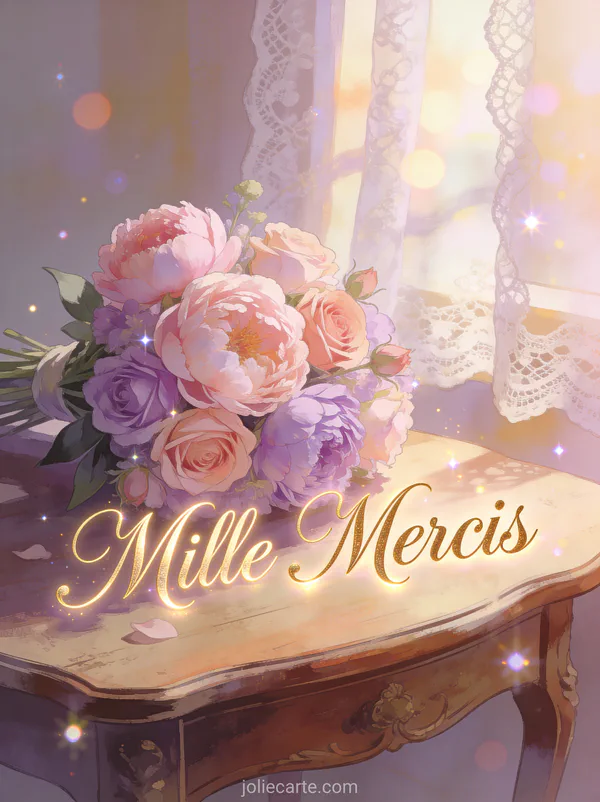 Bouquet de pivoines et roses pastel sur table en bois avec le texte Mille Mercis en lettres dorées