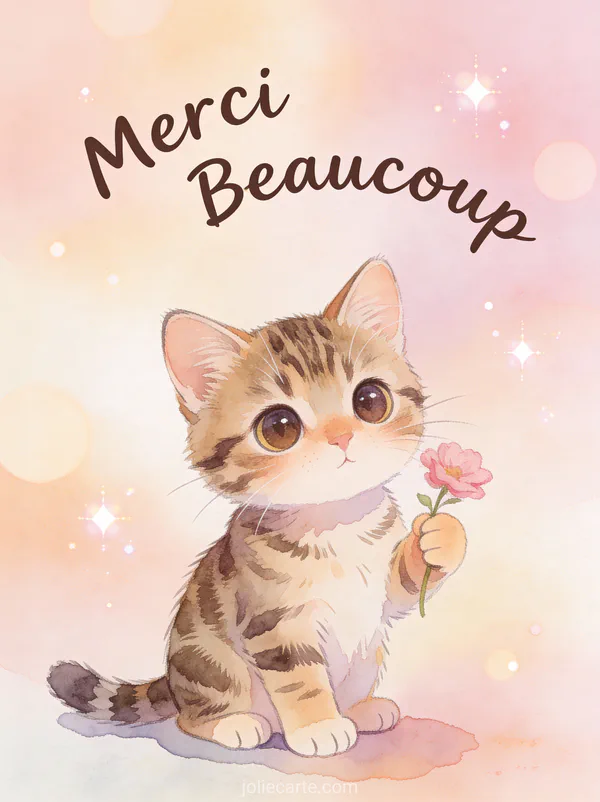 Adorable chaton tigré aux grands yeux tenant une fleur rose avec le texte Merci Beaucoup