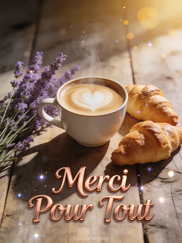 Tasse de café avec cœur en latte art et croissants frais avec brins de lavande texte Merci Pour Tout