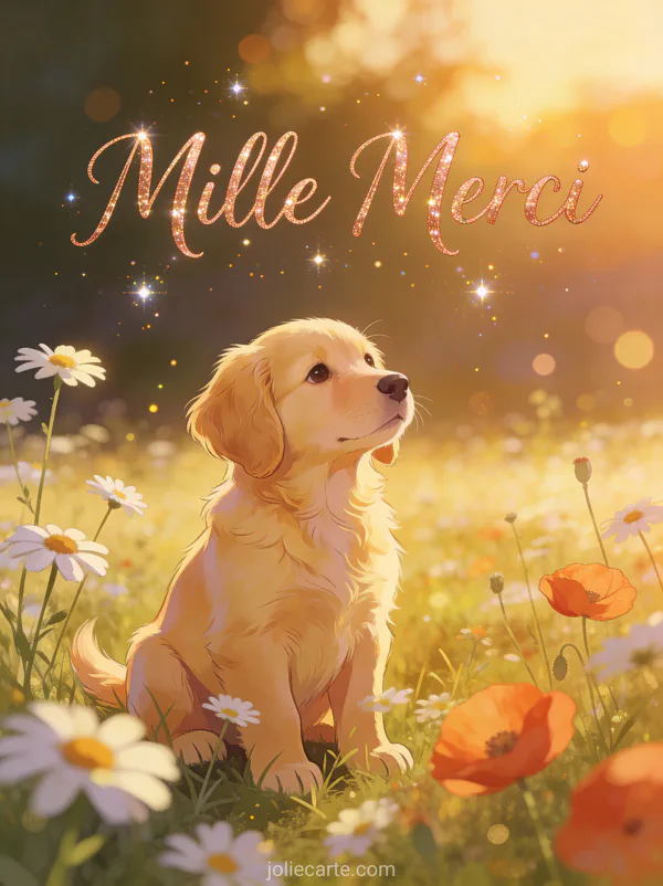 Chiot golden retriever assis dans un champ de marguerites et coquelicots au coucher du soleil texte Mille Merci