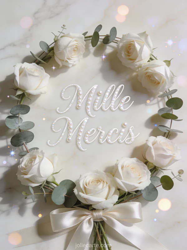 Roses blanches et branches d'eucalyptus avec ruban de soie sur marbre texte Mille Mercis