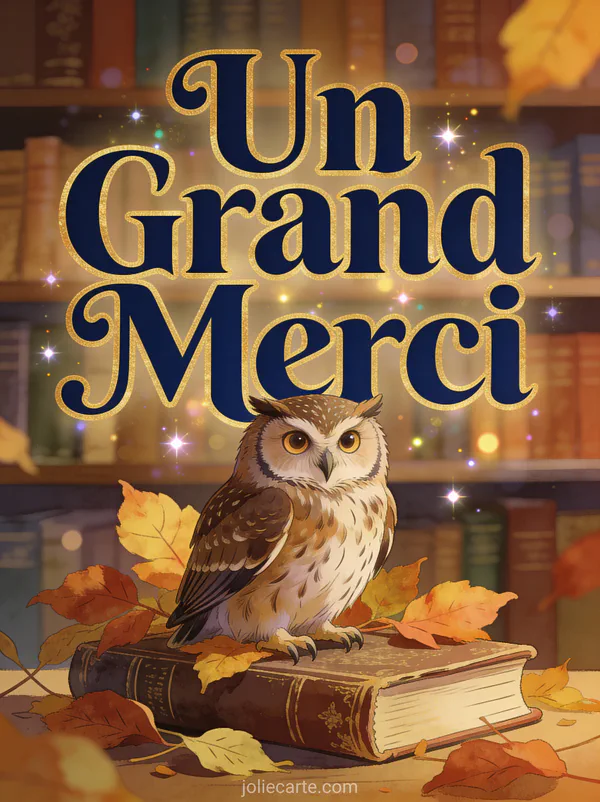 Hibou majestueux aux yeux sages perché sur un livre ancien entouré de feuilles d'automne texte Un Grand Merci