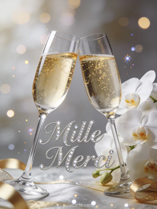 Deux coupes de champagne qui trinquent avec bulles dorées et orchidées blanches texte Mille Merci argenté