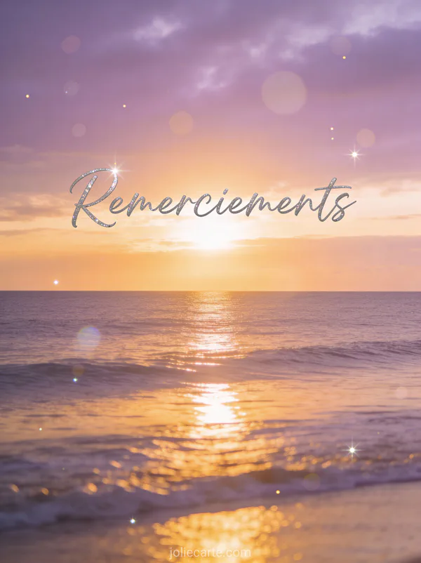 Carte remerciement deces avec coucher de soleil sur océan et le texte Remerciements
