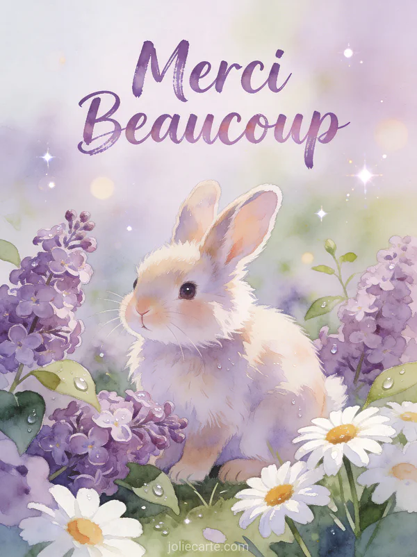 Lapin duveteux assis parmi les lilas mauves et marguerites blanches dans un jardin printanier texte Merci Beaucoup