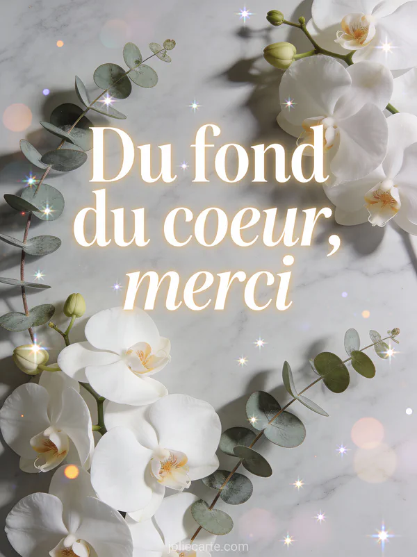 Carte remerciements condoléances avec orchidées blanches et texte Du fond du cœur merci