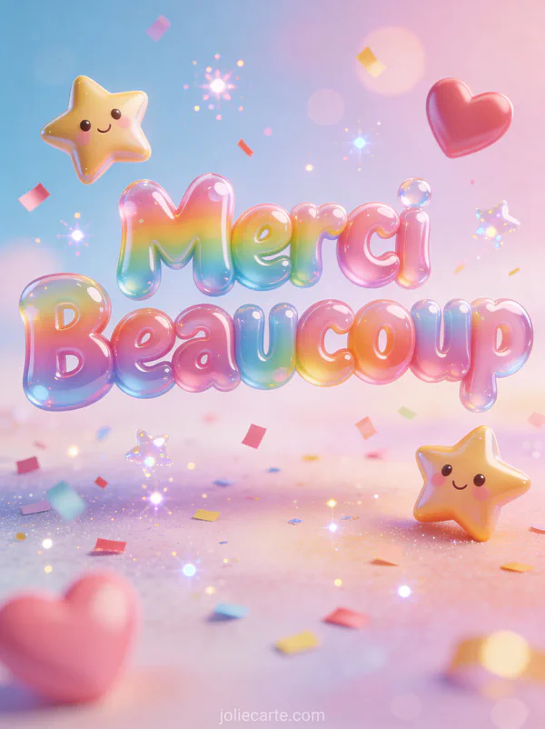 Texte Merci Beaucoup en 3D coloré avec étoiles et cœurs kawaii souriants confettis et paillettes