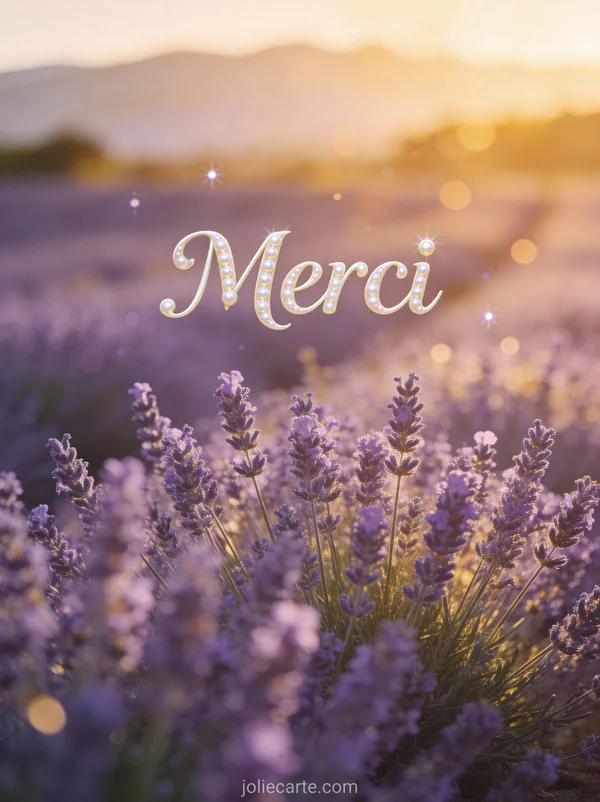 Carte remerciement condoléances avec champ de lavande au coucher du soleil et texte Merci