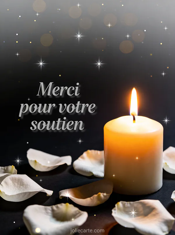 Carte remerciement décès avec bougie allumée pétales de rose et texte Merci pour votre soutien