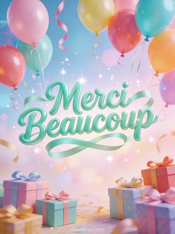 Ballons colorés flottants avec rubans et boîtes cadeaux pastel ambiance fête texte Merci Beaucoup vert menthe