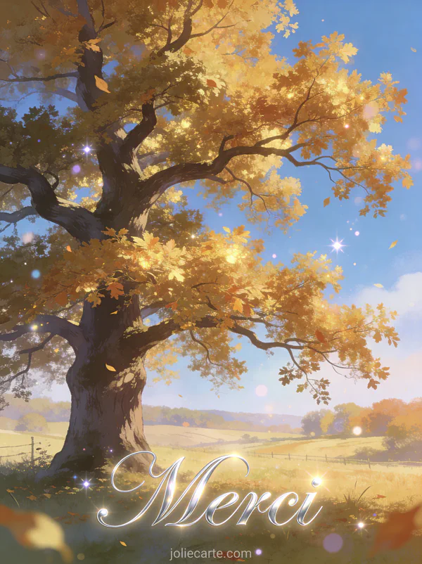 Carte remerciement décès gratuite avec chêne automnal et texte Merci