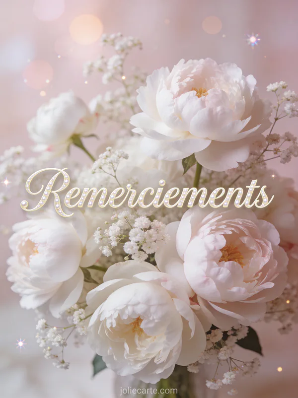 Carte de remerciements décès avec pivoines blanches et gypsophile texte Remerciements