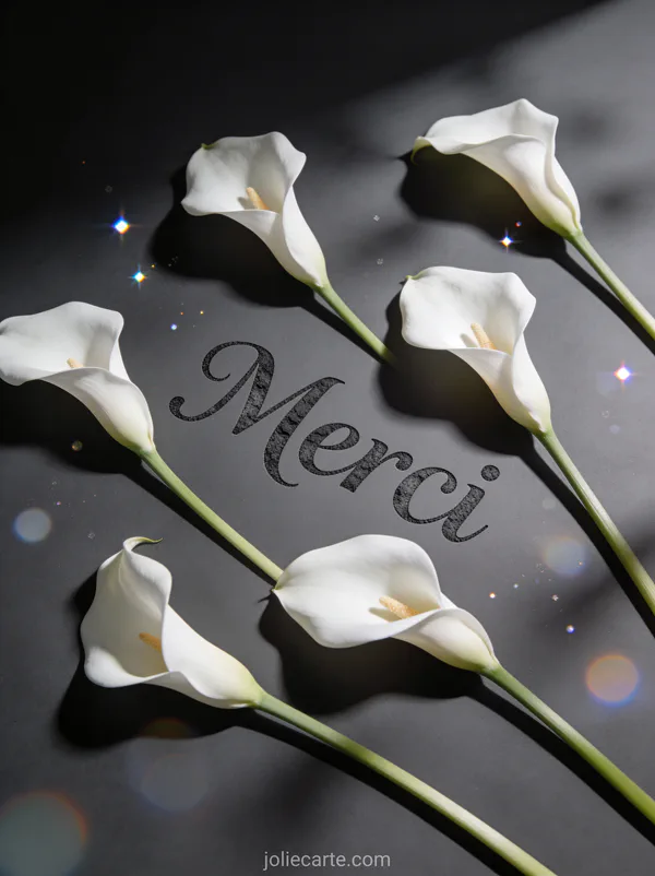 Modele remerciement deces avec lys calla blancs sur fond sombre et texte Merci