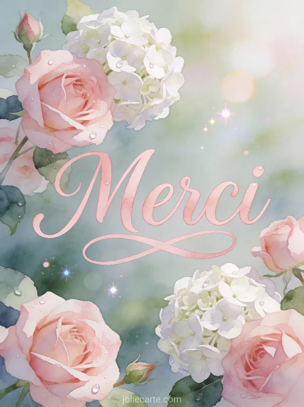 Carte de remerciement décès fleurs avec roses roses et hortensias blancs texte Merci