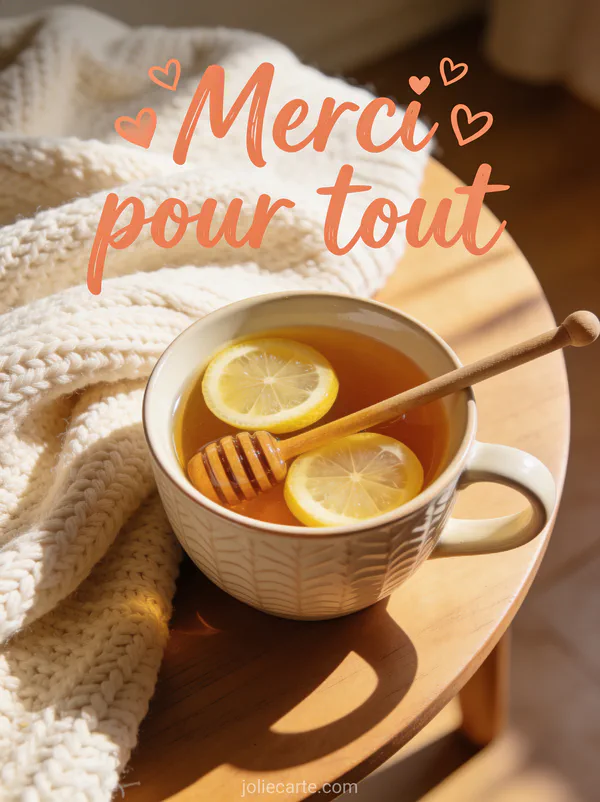 Tasse de thé avec miel et citron sur plaid tricoté ambiance cosy texte Merci Pour Tout Ce Que Tu Fais corail