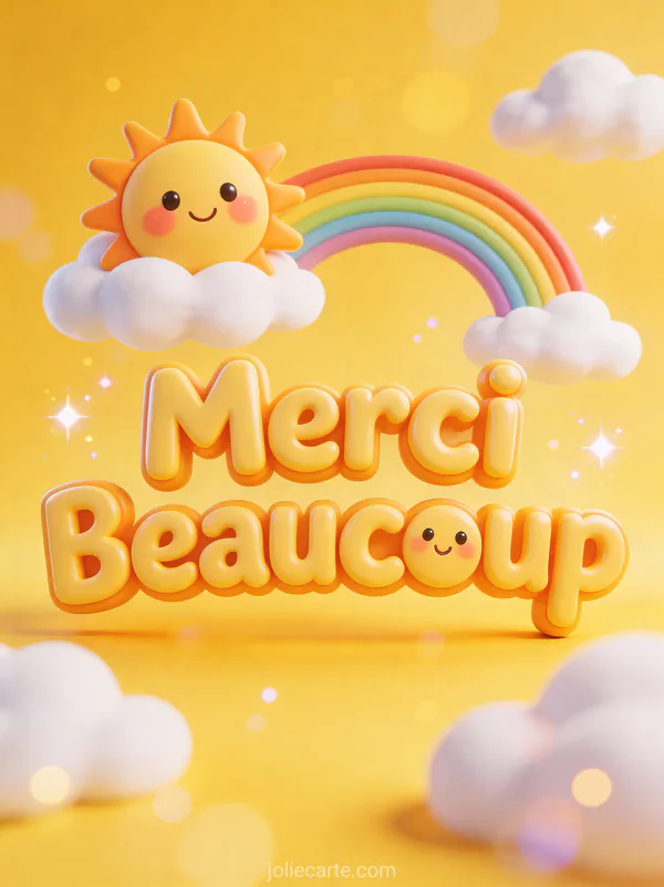 Soleil cartoon souriant aux joues roses avec arc-en-ciel et nuages blancs texte Merci Beaucoup jaune 3D