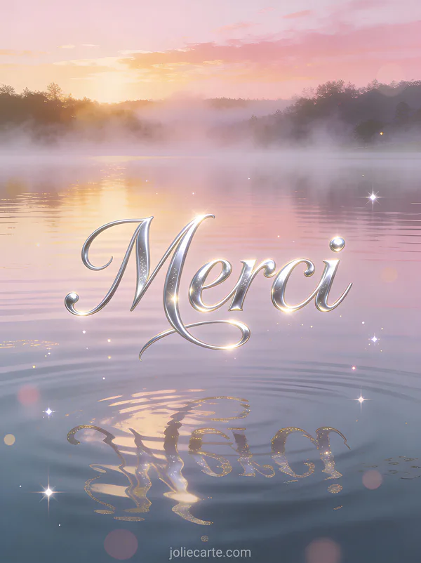 Carte remerciement deces avec lac au lever du soleil brume matinale texte Merci