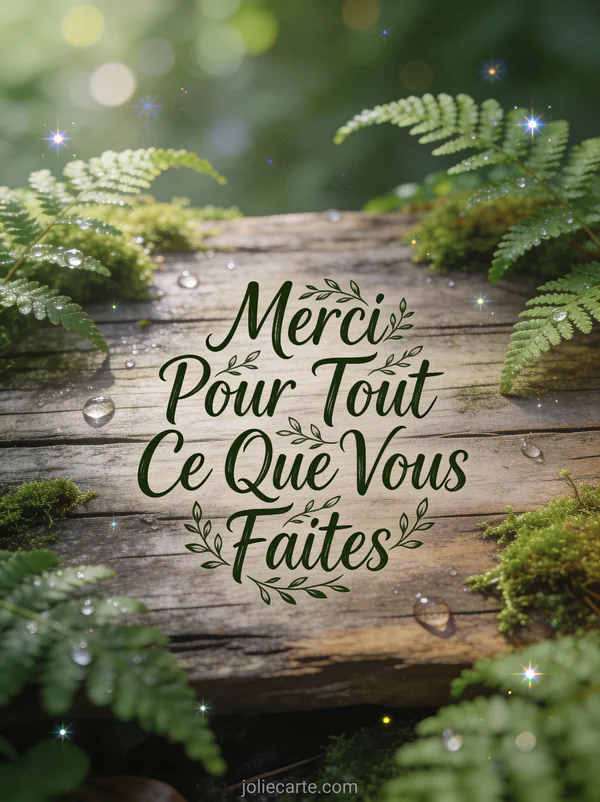 Fougères et mousse sur bois patiné avec gouttes de rosée matinale texte Merci Pour Tout Ce Que Vous Faites vert foncé