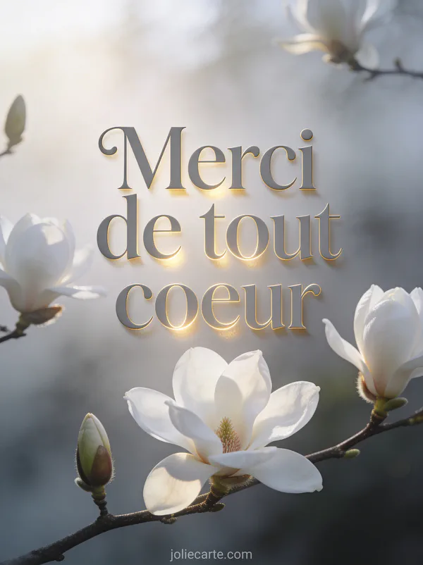 Carte remerciement décès texte avec magnolias blancs et message Votre présence nous a touchés