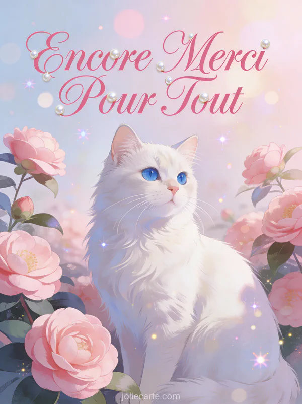 Chat blanc aux yeux bleus assis gracieusement parmi les camélias roses texte Encore Merci Pour Tout rose élégant