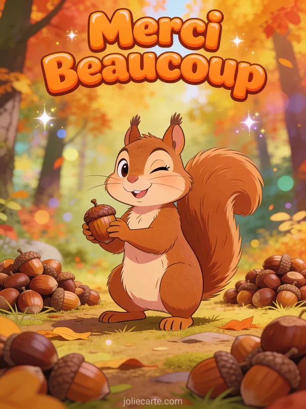 Écureuil espiègle tenant un gland en clignant de l'œil forêt d'automne colorée texte Merci Beaucoup orange fun