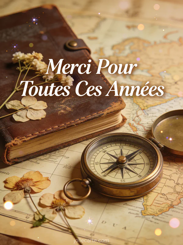Boussole ancienne et carnet en cuir patiné avec fleurs séchées sur carte ancienne texte Merci Pour Toutes Ces Années sépia