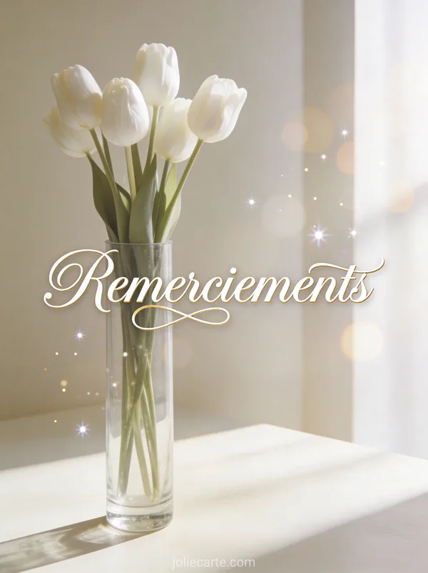 Carte de remerciement condoléances avec tulipes blanches en vase texte Remerciements